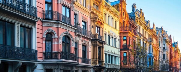 A row of Art Nouveau buildings with flowing lines, floral motifs, and intricate ironwork, highlighting the artistic expression in early 20th-century architecture