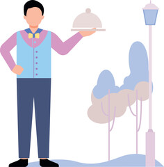 A waiter stands with a dish.