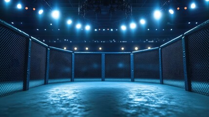 Obraz premium An unoccupied MMA octagon cage under bright lights, showcasing the tranquil and expectant mood of the sports arena.