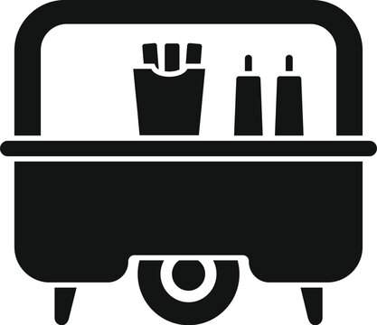 recommend clip art: Black and white vector icon of a french fries cart with ketchup and mustard bottles, perfect for projects related to street food, amusement parks, and fast food