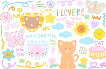 Pastel illustration of cat, butterfly, cake, pink ribbon, flowers, sun, star, doodles for animal, pet shop, vet, cute patches, shirt print, cartoon character, floral print, spring time, summer, picnic