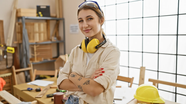 Confident young woman with crossed arms wearing safety gear in a bright woodworking workshop