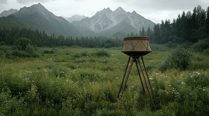 A cauldron simmers over a campfire in an autumn forest, set against a stunning mountain landscape, perfect for outdoor cooking during a vacation.