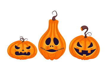 A set of three cartoon Halloween pumpkins. Horrible and cute monster grimaces.