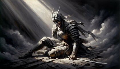 a warrior in full armor kneeling on the ground, with a sword placed beside. Rays of light filter through clouds above, highlighting the figure and creating a dramatic atmosphere.