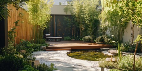 Tranquil Asian-inspired smart garden with pond and bamboo in modern outdoor setting