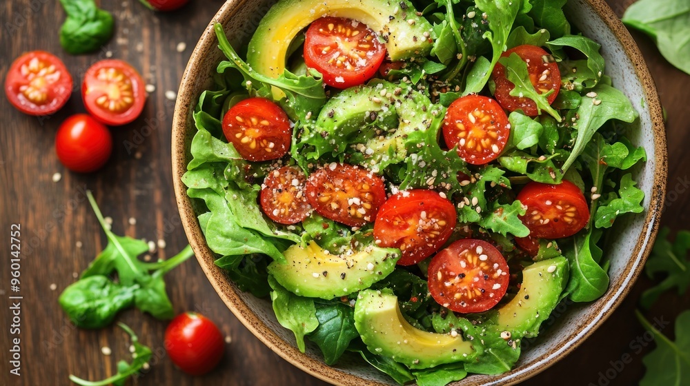 Sticker A fresh salad with cherry tomatoes and avocado on a wooden surface.