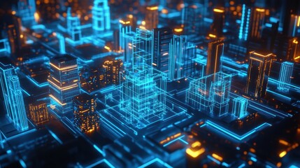 A futuristic cityscape rendered in glowing blue and orange lights, showcasing advanced architecture.