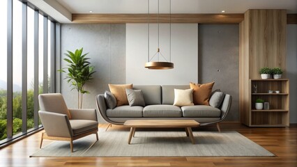 Fototapeta premium Sleek floating sofa and chair create an airy ambiance, merging with the wall to visually expand the space