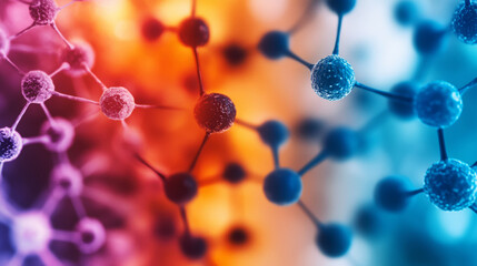 Abstract molecular structure with vibrant colors showcasing connections and interactions at a microscopic level.