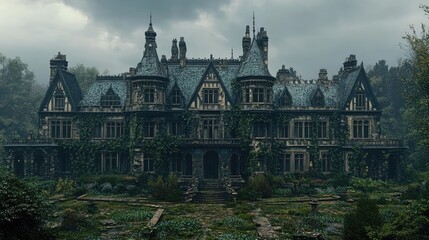 Fototapeta premium A sprawling Gothic mansion with turrets, gargoyles, and ivy-covered walls, capturing the mysterious and eerie atmosphere of Gothic architecture