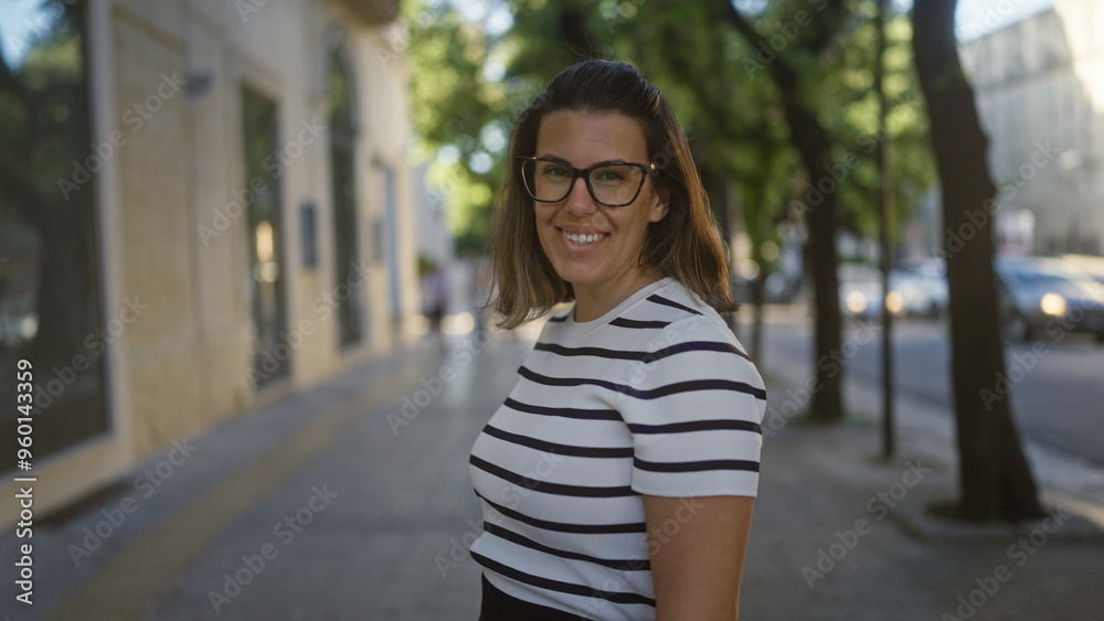 Wall mural A beautiful young hispanic woman smiles while standing on a sunny street in lecce, puglia, italy.