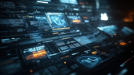 A futuristic digital interface displaying data and analytics in a high-tech environment.