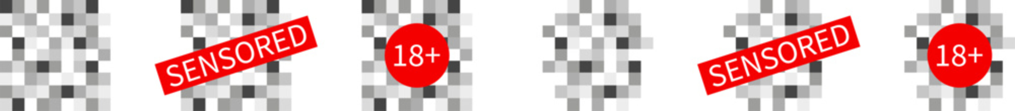 The concept of black censorship of the Red censor. Censored mosaic sign 18+, censored panel and black and gray pixelated distribution of the naked body.