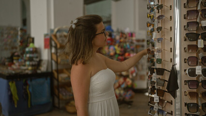 A young hispanic woman shops for sunglasses on a charming street in gallipoli, puglia, italy, surrounded by colorful displays and accessories.