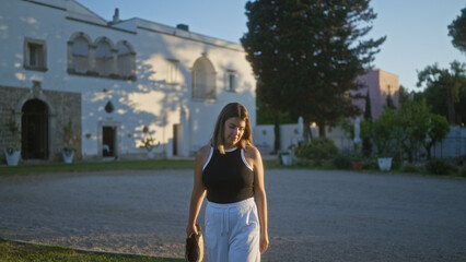 Young hispanic woman walking outdoors in italy near a beautiful villa at sunset, showcasing a...