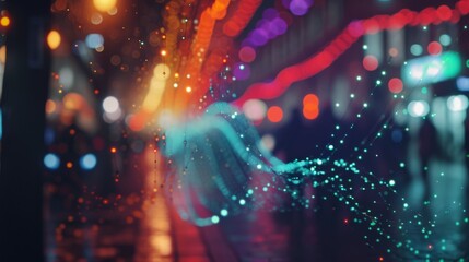 Fototapeta premium Vibrant abstract light trails on a city street at night, creating a dynamic and colorful scene. The image captures the energy and movement of urban nightlife with a surreal, artistic touch.