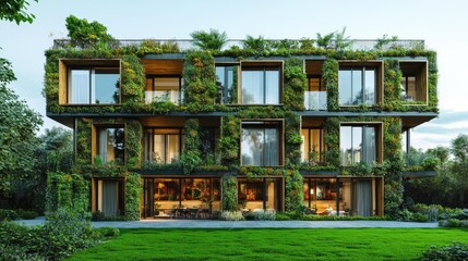 A sustainable urban apartment complex with green walls, shared gardens, and energy-efficient features, showcasing modern sustainable architecture
