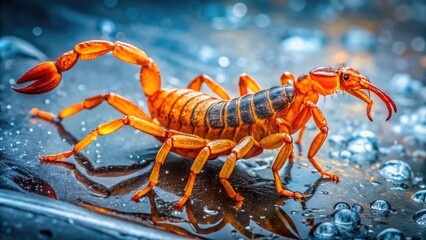 Vibrant orange scorpion stands frozen on a metallic background, its intricate eyes, tail, and armor-like exoskeleton showcased in stunning macro detail and sharp focus.