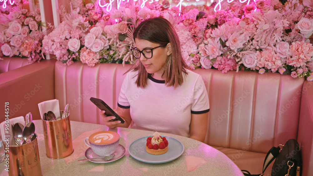 Wall mural adult woman checks phone in pink floral cafe with coffee and dessert on table