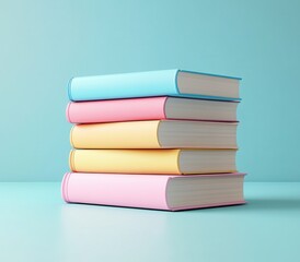 Fototapeta premium Stack of colorful books in pastel shades on a light blue background