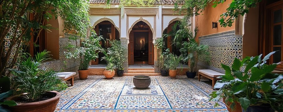 A traditional Moroccan riad with an open courtyard, intricate tilework, and lush greenery, showcasing the harmony between indoor and outdoor spaces