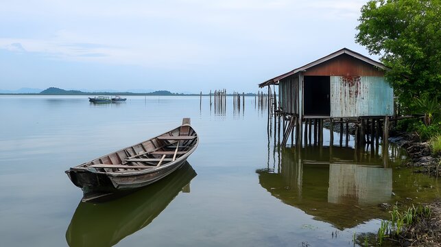 An empty sala by the water, with a traditional Thai boat moored nearby, the scene tranquil and still