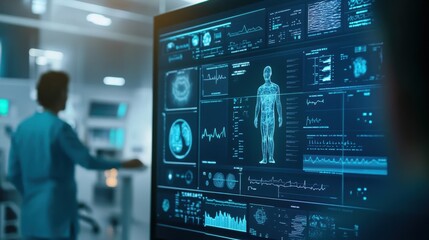 Futuristic Healthcare Technology: Digital Interface Displaying Patient's Medical Records and Treatment Progress in Modern Clinic