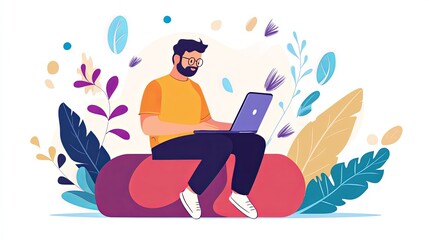 An elegant minimalist scene featuring a focused writer wearing glasses, deeply immersed in drafting a manuscript on a laptop, set within a serene and stylish writing nook