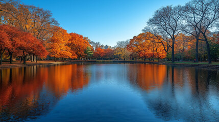 Obraz premium An urban park with a serene pond surrounded by autumn trees reflecting their vibrant colors in the water.