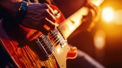 Fototapeta premium Close-up of strumming an electric guitar during a high-energy rock concert, capturing the intensity and passion of the performance.