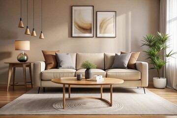 Round accent coffee table near beige sofa against wall with frame. Minimalist interior design of modern living room