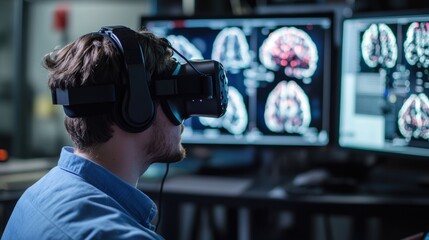 Exploring Brain Activity: Researcher Using Virtual Reality System in Neuroscience Lab