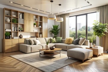 Fototapeta premium Smooth lines and clean surfaces define a contemporary living room featuring a modular furniture set and calming neutral