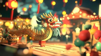 Fototapeta premium A Festive Chinese Dragon Figurine with Red Lanterns