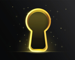 Golden premium glowing keyhole vector. Secret of wealth, way, privacy, path idea concept.