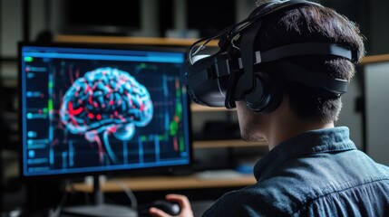 Exploring Brain Activity: Researcher Utilizing Virtual Reality in Neuroscience Lab