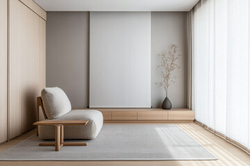 Fototapeta premium Living room interiors with a large window filling the room with lighting next to the minimalist furniture. Scandinavian room interior design