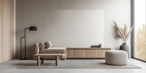 Living room interiors with a large window filling the room with lighting next to the minimalist furniture. Scandinavian room interior design