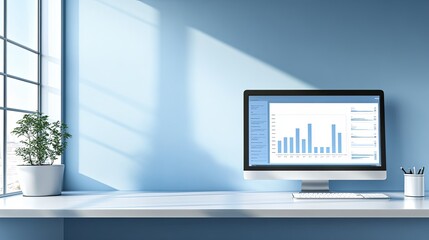 Minimalist digital marketing illustration featuring a sleek modern office setting with a computer screen showcasing real-time analytics