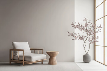 Living room interiors with a large window filling the room with lighting next to the minimalist furniture. Scandinavian room interior design