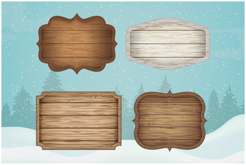 Realistic wooden signs set. Christmas decorations and design elements. Vector illustration