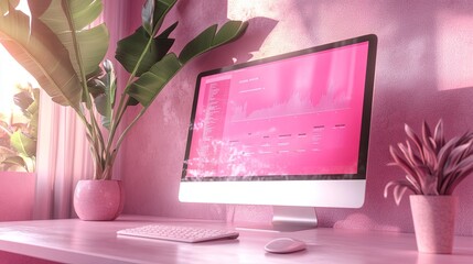 Minimalist digital marketing illustration featuring a sleek modern office setting with a computer screen showcasing real-time analytics