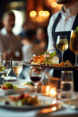 Obraz premium Waiter in a formal uniform carrying a tray with drinks and appetizers, serving guests at an elegant restaurant.