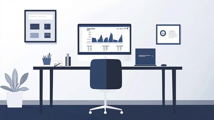  Minimalist digital marketing illustration featuring a sleek modern office setting with a computer screen showcasing real-time analytics
