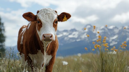 2h A cow exactly like this one, with the same posture and gaze, but with brown and white fur