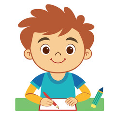 Happy young boy drawing and learning at school desk