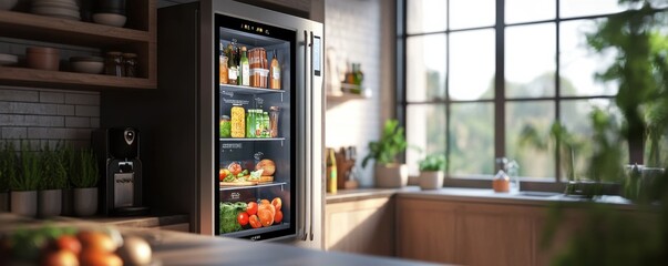 Modern kitchen with a detailed 3D render of a smart fridge showcasing organized fresh produce and beverages in a stylish interior