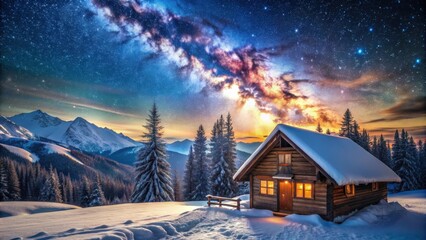 Naklejka premium Winter wonderland scene with cozy wooden cabin in snow-covered mountains under starry sky with Milky Way, perfect for Christmas vacation and winter holidays
