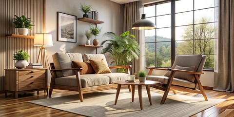 Soft furnishings and a rustic wood chair create a cozy atmosphere in this stylish living room, bathed in